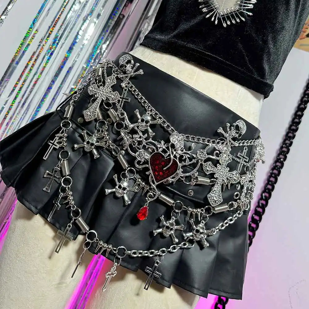 Emo Gothic Skirts Punk Rock Street Wear E-Girls Y2K Vegan Leather Goth Glitch Core Pin Eco Heart Kawaii Skull Grunge Harajuku