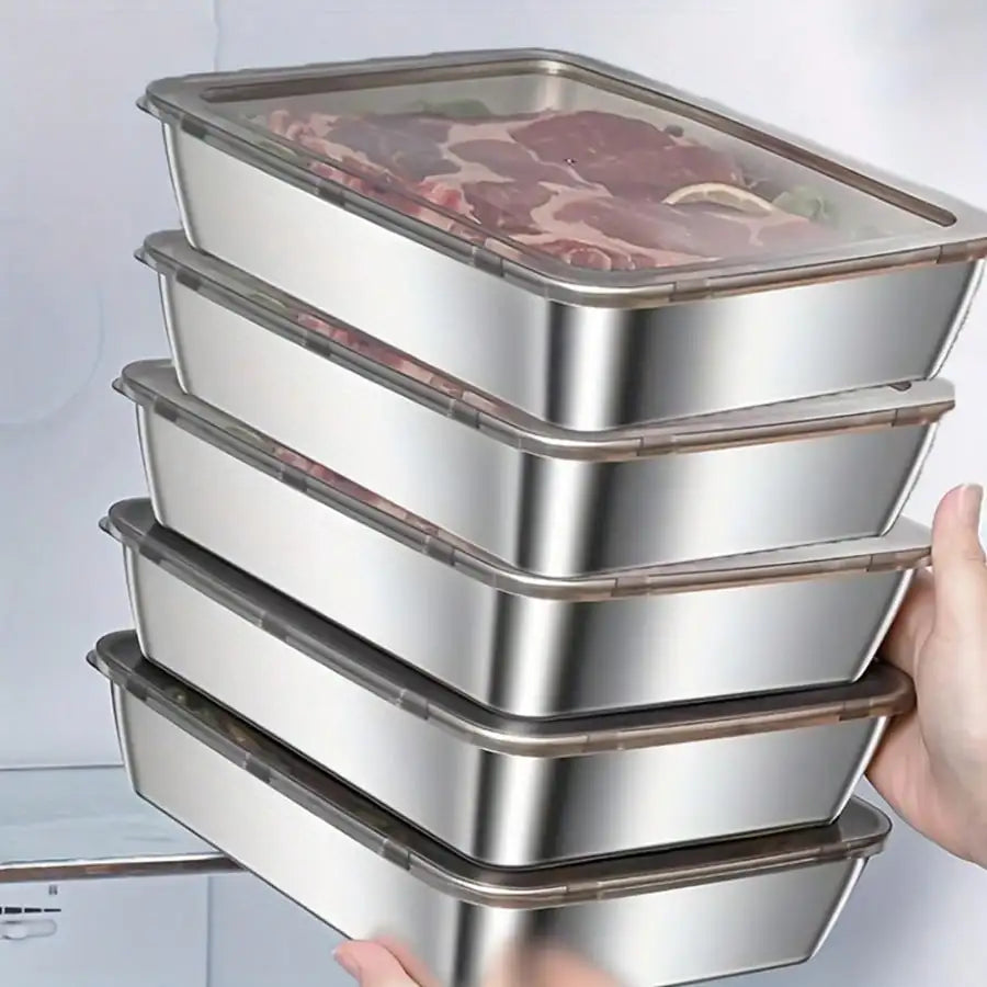 5-Piece Stainless Steel Food Storage Container Set With Clear Lids | Large Square Containers For Storing Meat, Fruits, And Vegetables - Ideal For Camping, Outdoor, And Home Use; Stackable Kitchen Storage Boxes.