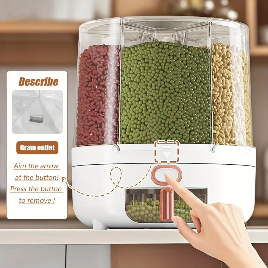 2026 6‑Compartment 360° Rotating Airtight Food Storage Container Moisture‑Proof Cereal Rice Dry Snack Kitchen Pantry Organizer