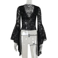 Goth Dark Cutecore Lace See Through Pullovers Tops Thin Sexy V-neck Flare Sleeve T-shirts Mall Gothic Bead Chain Decor Blouses
