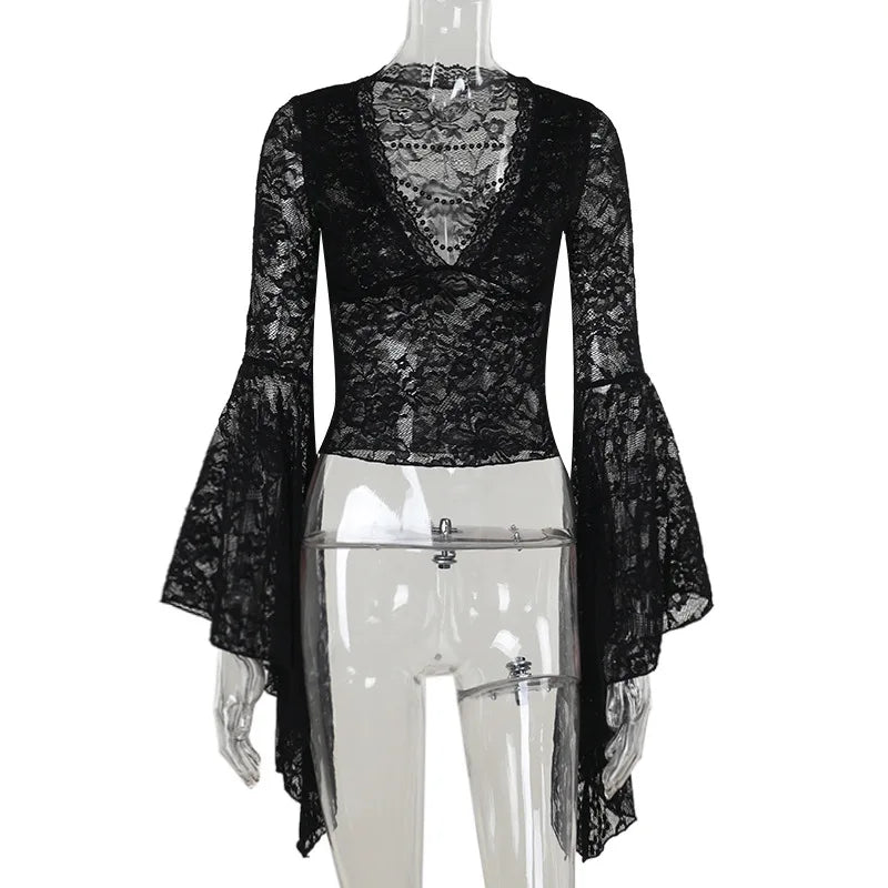 Goth Dark Cutecore Lace See Through Pullovers Tops Thin Sexy V-neck Flare Sleeve T-shirts Mall Gothic Bead Chain Decor Blouses
