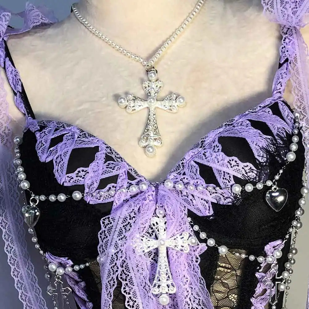 White Gothic Dress for Women Y2K Rave Cyber Punk Rock Star Goth Cross Lace Scene Emo ALT Grunge E-Girls Lolita Ball Gown Clothes