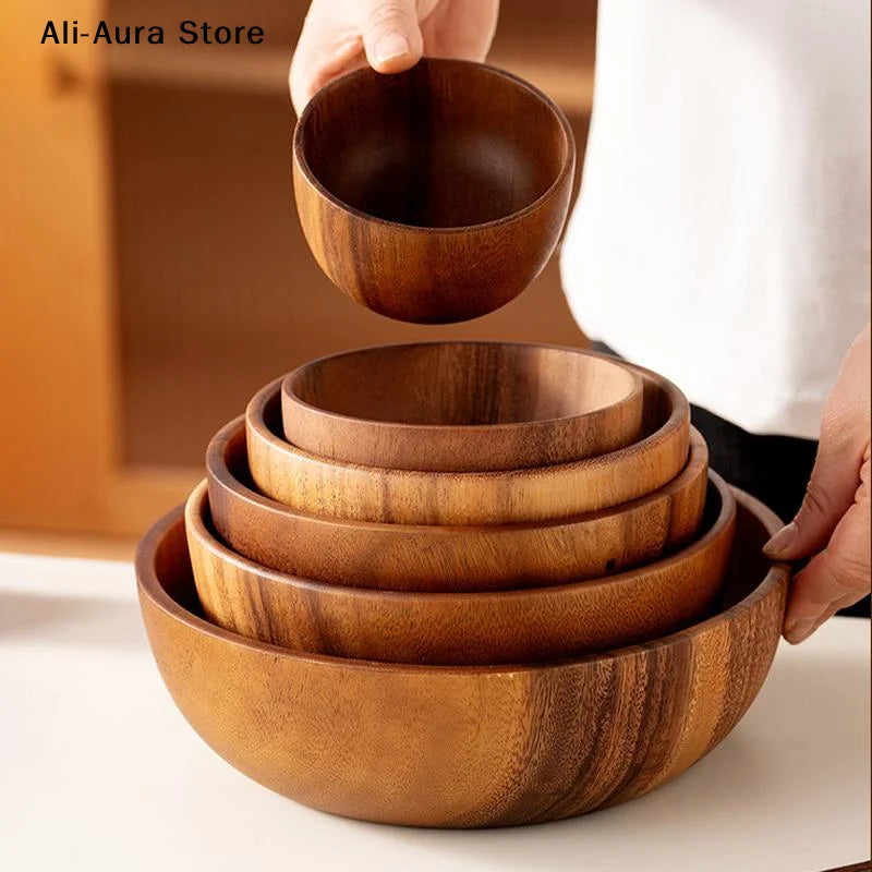 1Pcs Salad Bowl Practical Durable Wooden Simple Storage Holder Kitchen Bowl Cutlery