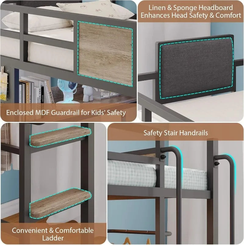Dnxao Twin Loft Bed with Desk and 5 Storage Drawers,Loft Bed Twin Size with LED Lights and Charging Station Metal Bunk Bed Frame