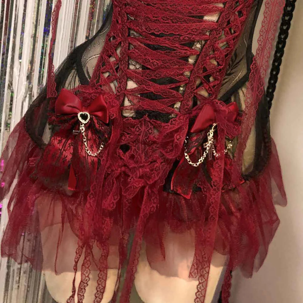 Red Y2K Gothic Dress for Women Lace Emo ALT Grunge E-Girls Lolita Ball Gown Rave Festival Cyber Punk Rock Star Goth Clothing
