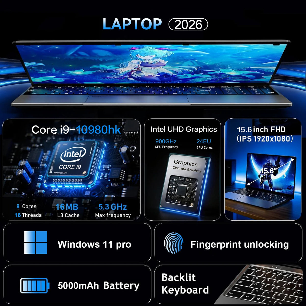 15.6" Laptop Computer Intel Core I9 10980HK 9900U Windows 11 16GB RAM 1TB 2TB SSD Portable Gaming Laptops Computer Notebook PC