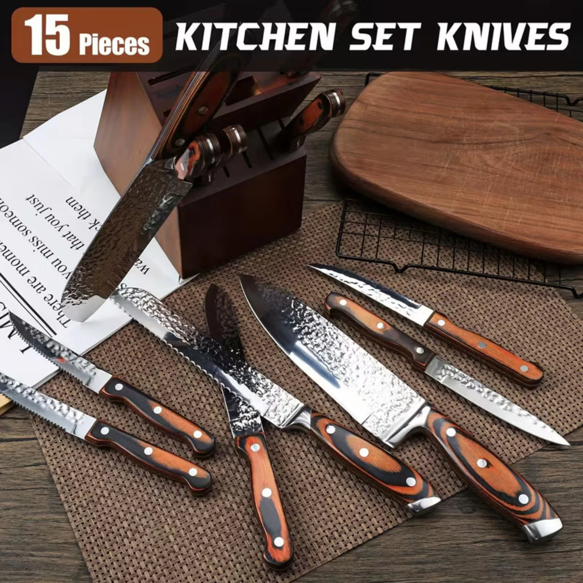 Professional 15PCS Forged Hammer Finish Kitchen Knife Set Pakka Wooden Handle Kitchen Cutlery Set with Knife Block Scissors Sharpener Complete Household Cooking Knives