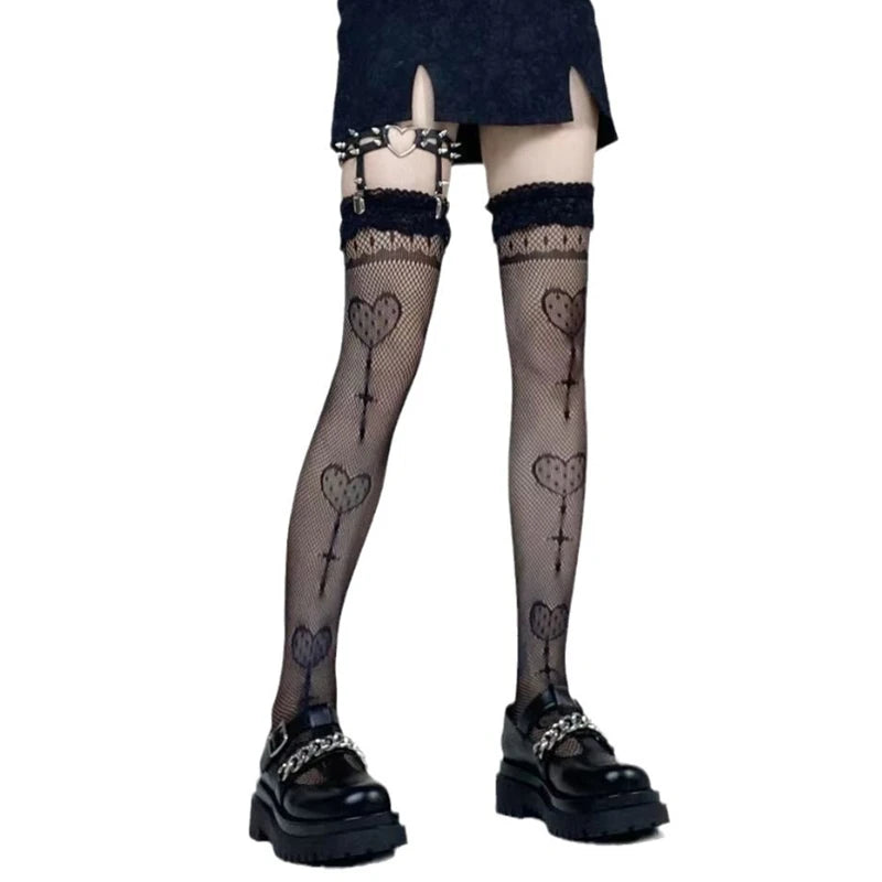 Women Goth Lolita Fishnet Socks Japan Style Kawaii Cute Knee Sexy Mesh Stockings JK Sweet Girls Lace Frilly Ruffle Long Socks