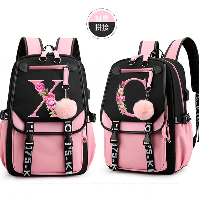 Teenage Black Pink Backpacks 26 Initials Flower A-Z Alphabet Large Capacity Harajuku Fashion  Zipper Aesthetic Students Bookbag