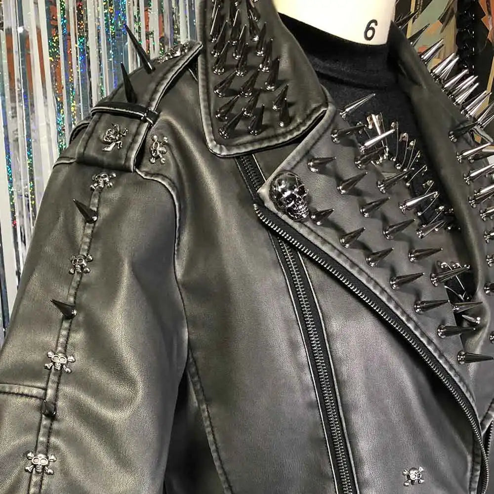 Women's Y2K Goth Black PU Leather Jacket with Spikes  Studded Gothic Emo Spiked Clothing Punk Rock Grunge Rave Festival Coat