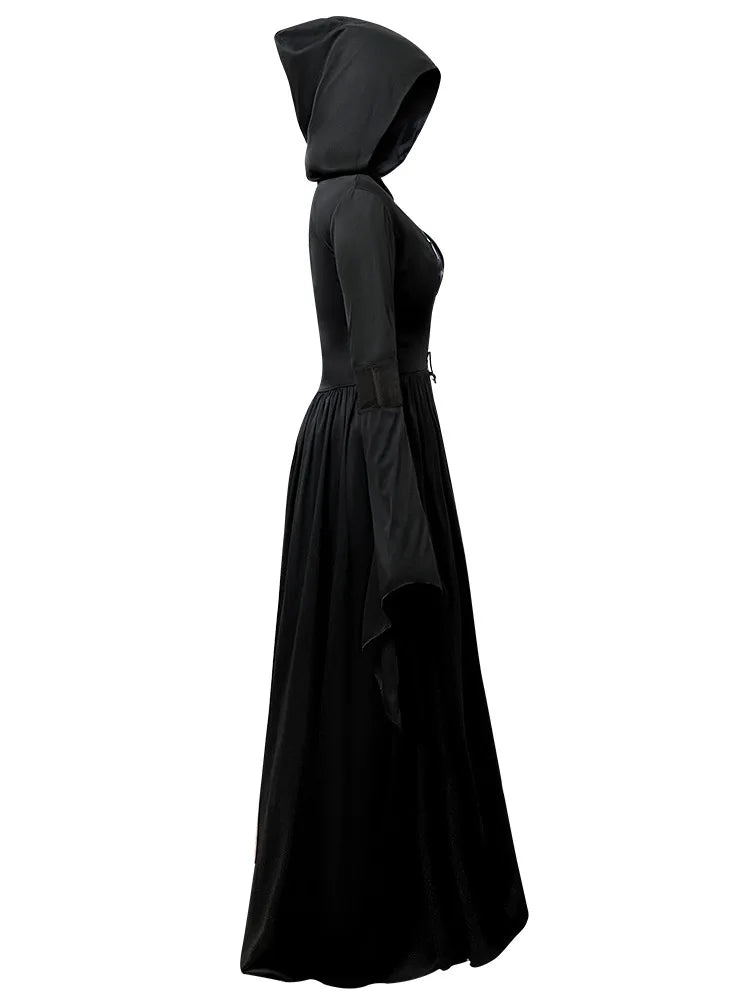 Halloween Witch Dress Gothic Vintage Dark-Style Hooded Vampire Dresses Bell Sleeves Full Skirt Waist Cinched Festival Party Gown