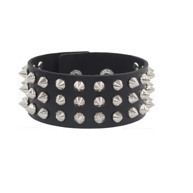 Leather Punk Spike Rock Studded Bracelet Goth Cuff Bracelet Gothic Rivet Buckle Wristband With Metal Chain Skull Accessories