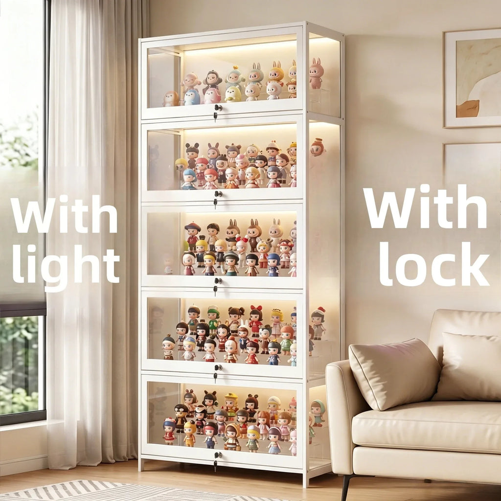 Display Cabinet with Lamp and Lock, Household Living Room Figure Display Cabinet, Multi-Layer Blind Box Storage Cabinet