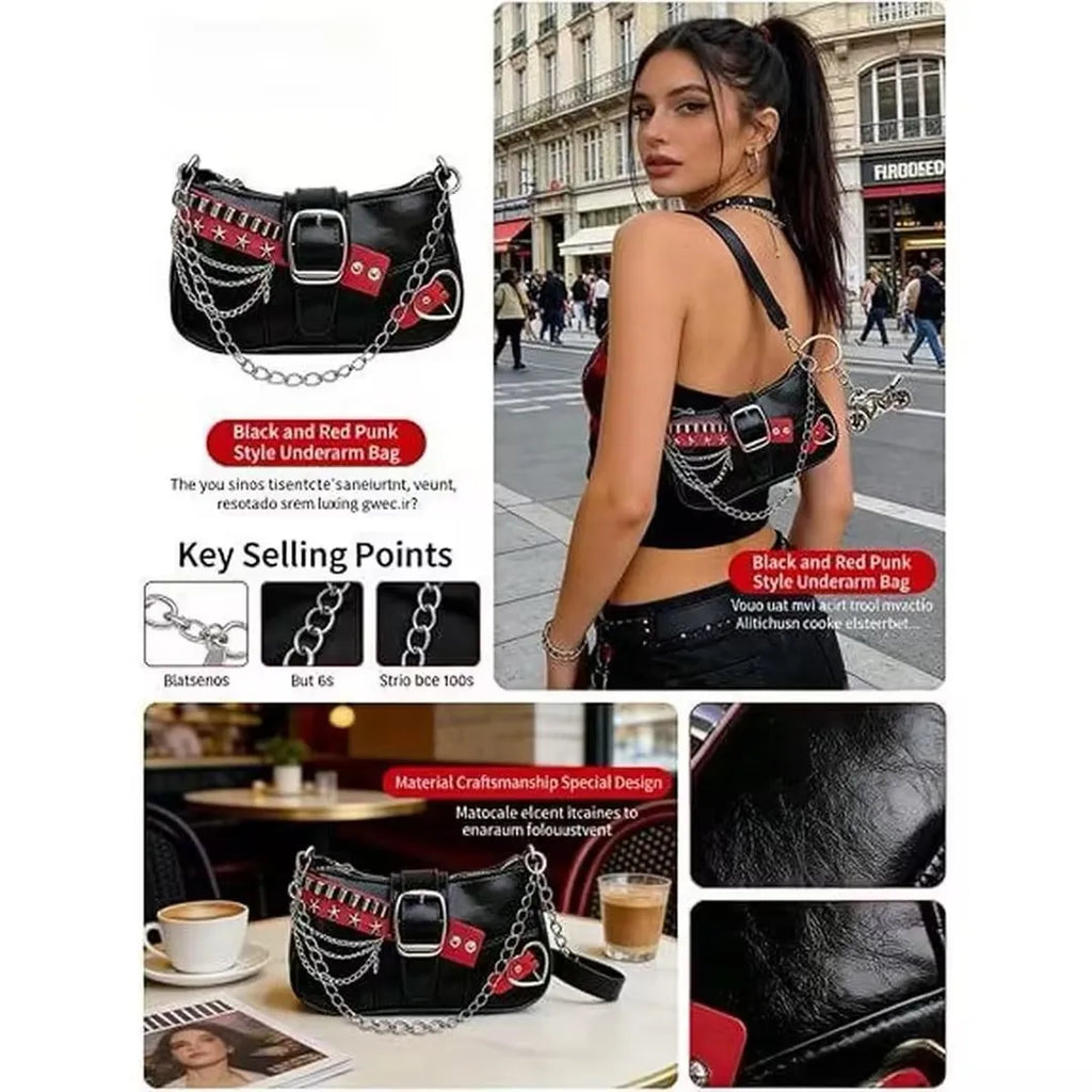 Y2K Punk Shoulder Bag For Women Retro Chain Rivet Underarm Handbag PU Leather Color‑block Sling Crossbody Bag Fashion Party Purse