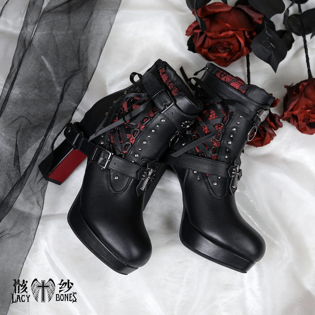 Punk Gothic Style Chunky Heel Ankle Boots For Women Black Leather With Red Sole Cross & Rivet Decor Aesthetic Lolita Footwear