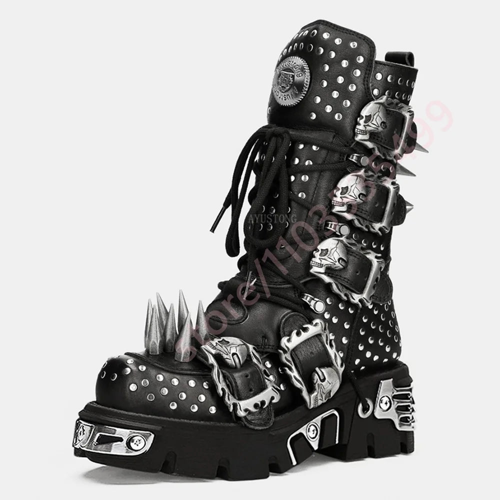 Tank Metal Rivet Rhinestone Rock Motorcycle Boots Round Street Punk Belt Buckle Gothic Boots Fashion Party Sports Casual Boots