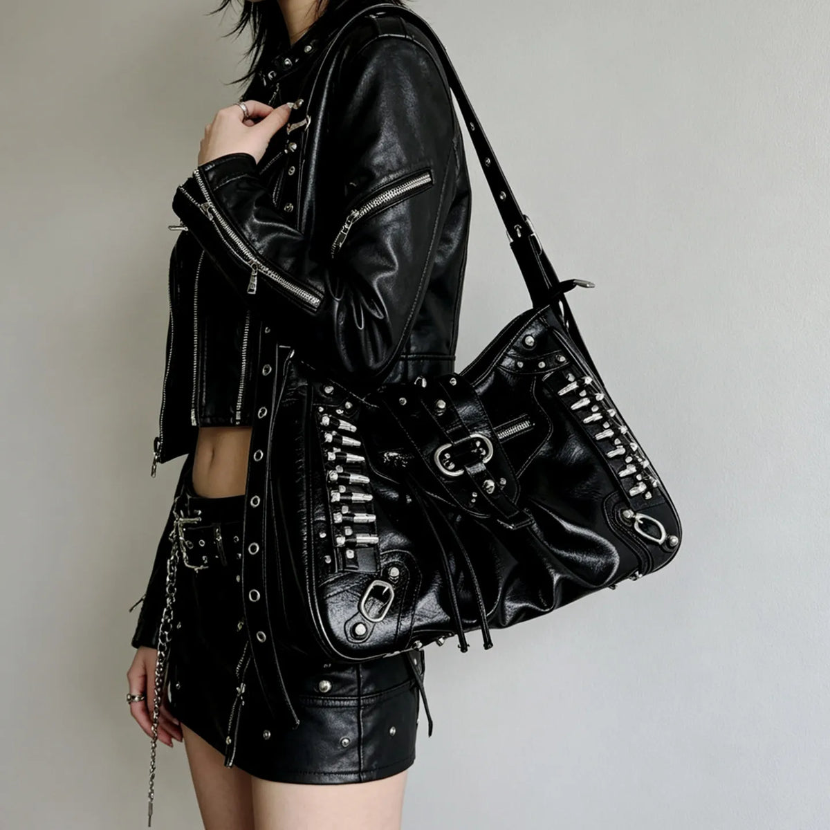 Punk Locomotive Bag Black Large Capacity Punk Tote Rivet Shoulder Bags for Women's Crossbody Bag