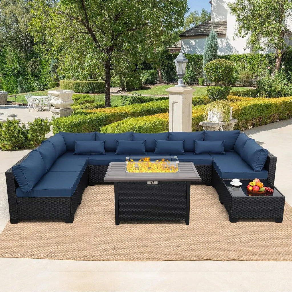 10 Pieces Outdoor Sectional All-Weather Wicker Patio Furniture Set Patio Sectional and Steel Fire Table and Glass, Customized