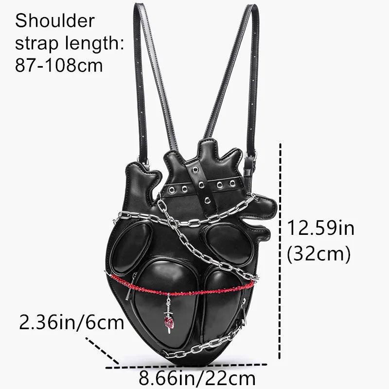 Fashion Shoulder Bags PU Backpack Dark Binding Chain Heart Bags For Women Man Gothic Punk Metal Crossbody Bag Creative Design