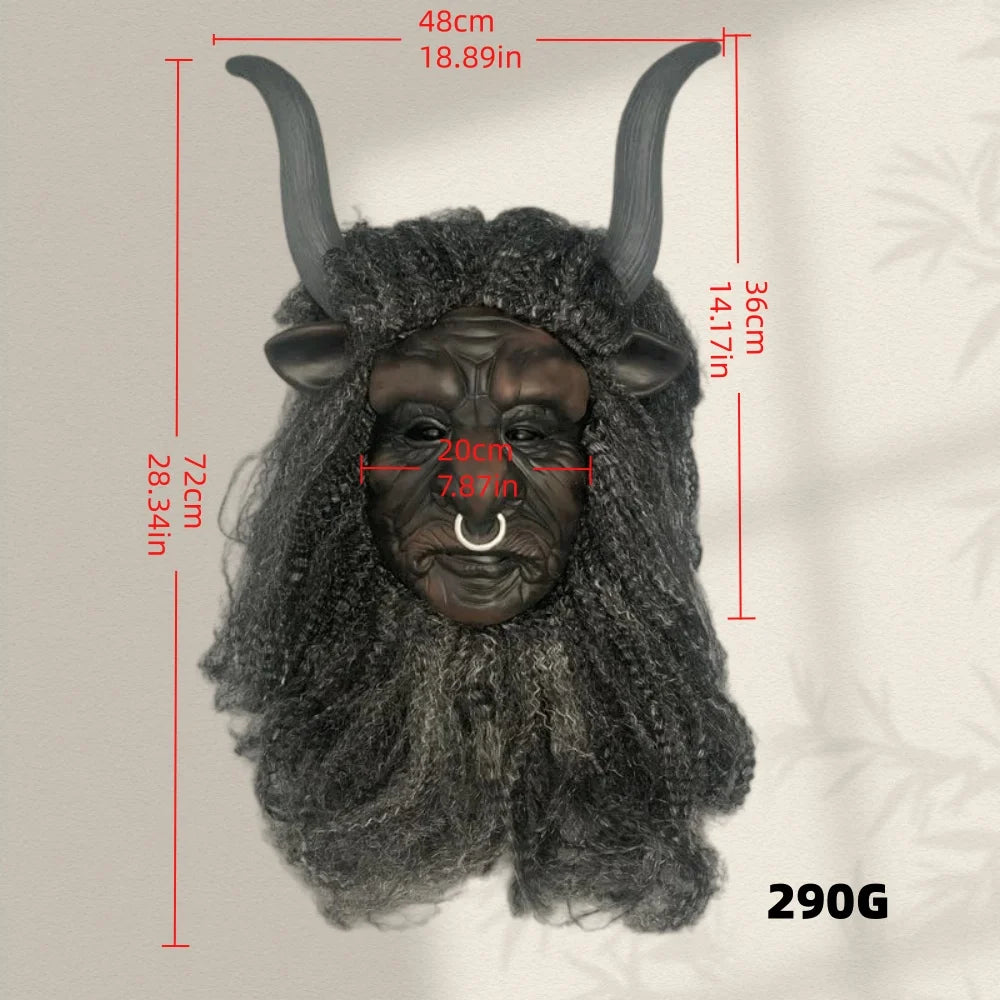 Halloween Bull Horn Mask with Curly Wig, Latex Full Head Mask with Nose Ring, Scary Animal Cosplay Headgear for Haunted House Carnival Party Costume Props