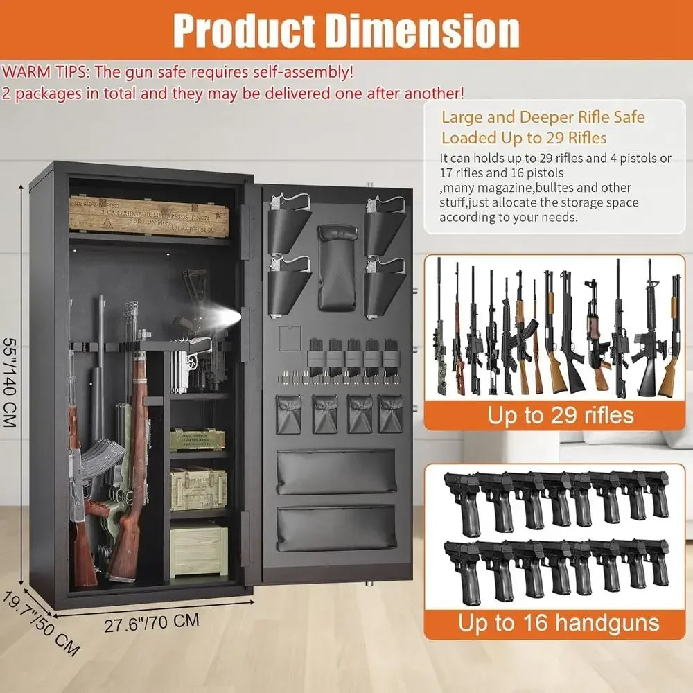 30-40 Capacity Gun Safe with Removable Shelves, Silent Operation, LED Lighting, and Key Lock