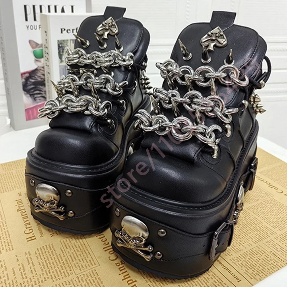 Black Cyberpunk Motorcycle Boots with Chain Rivet Round Toe Street Rock Belt Buckle Short Fashion Party Casual Boot for Women