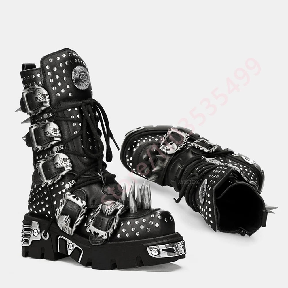 Tank Metal Rivet Rhinestone Rock Motorcycle Boots Round Street Punk Belt Buckle Gothic Boots Fashion Party Sports Casual Boots
