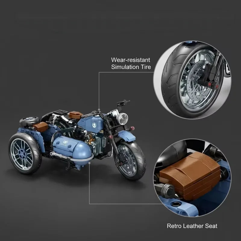 Retro sidecar motorcycle building kit, retro tricycle building kit, DIY assembly toy, adult collection display piece