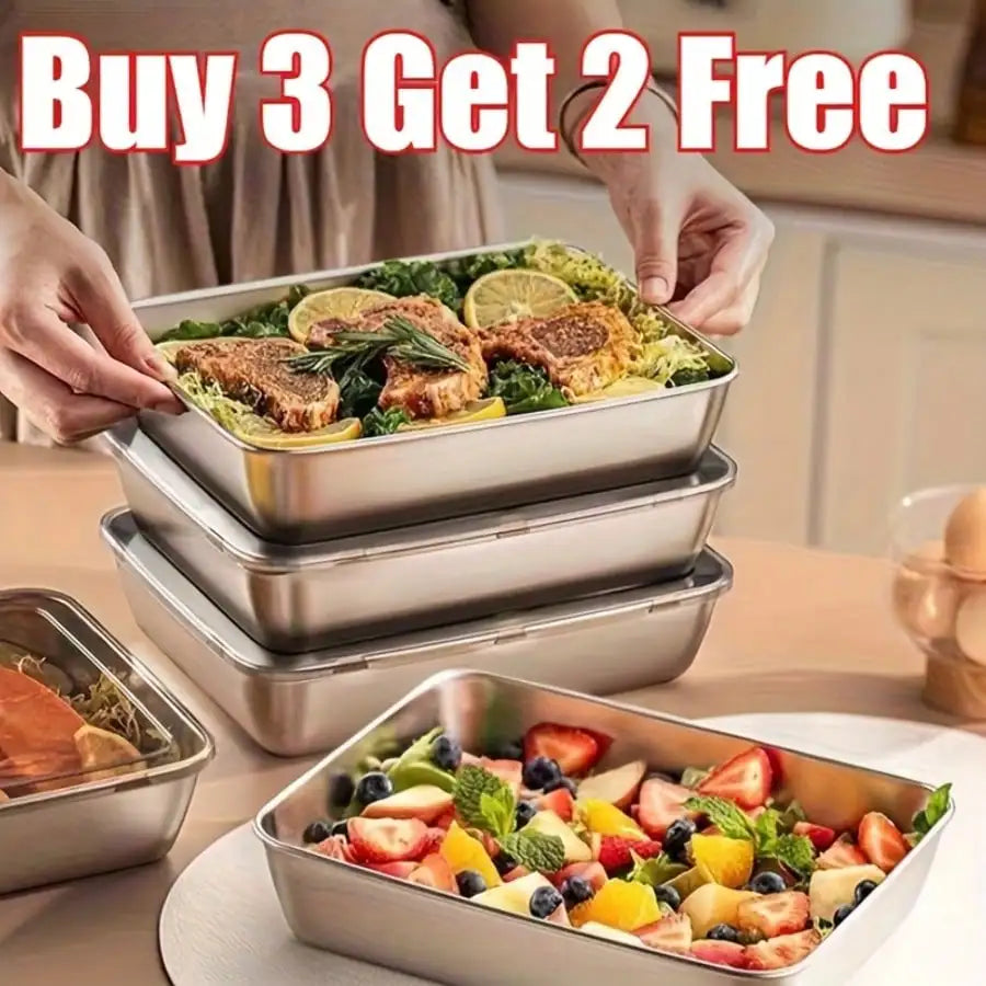 5-Piece Stainless Steel Food Storage Container Set With Clear Lids | Large Square Containers For Storing Meat, Fruits, And Vegetables - Ideal For Camping, Outdoor, And Home Use; Stackable Kitchen Storage Boxes.