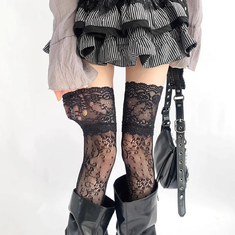 1 Pair Women Sexy Flowers mesh lace Thigh High Stockings Over The Knee Stockings Lolita style Girls Long Leg Boot Socks
