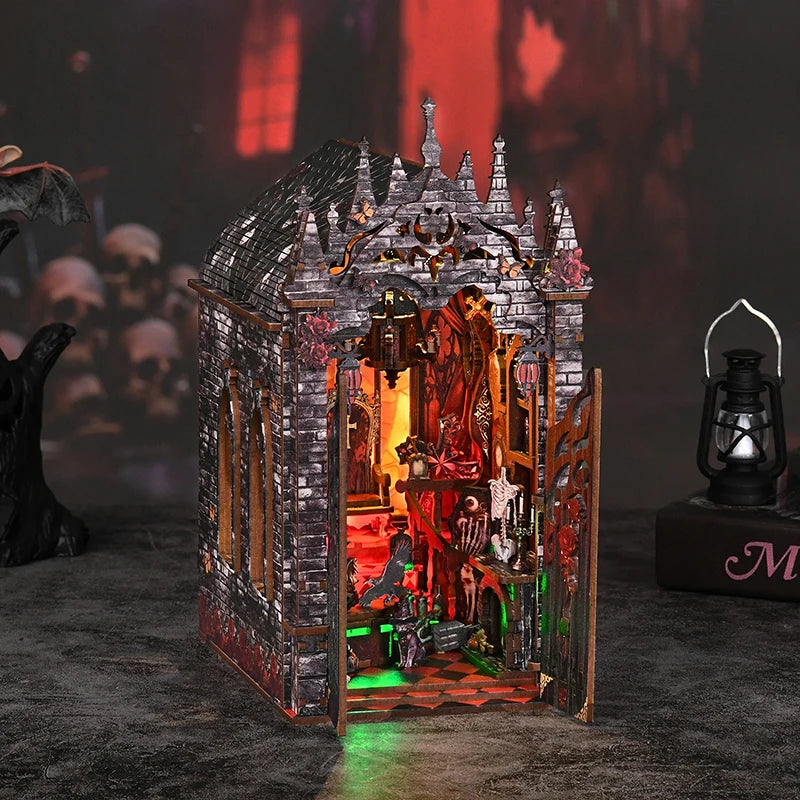 DIY Wooden Book Nook Figurines Miniatures Dark Castle Bookend with Light Bookshelf for Friends Birthday Gifts Home Decor Crafts