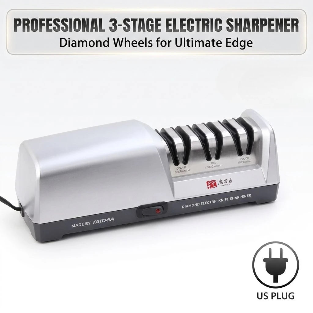 US Stock 18W 3-Stage Electric Diamond Knife Sharpener 15 Degree Angle Guide Sharpening System, US Plug Professional Sharpener