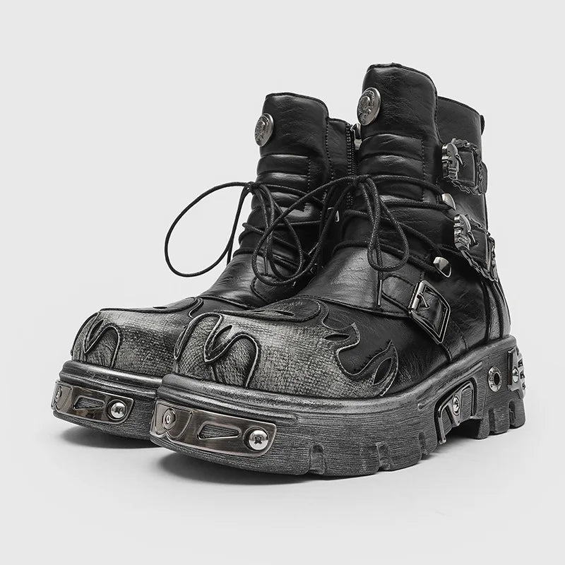 Punk Gothic Style Motorcycle Boots Men Classic Retro Metal Rock Western Boots Outdoor Male Workwear Platform Ankle Boots