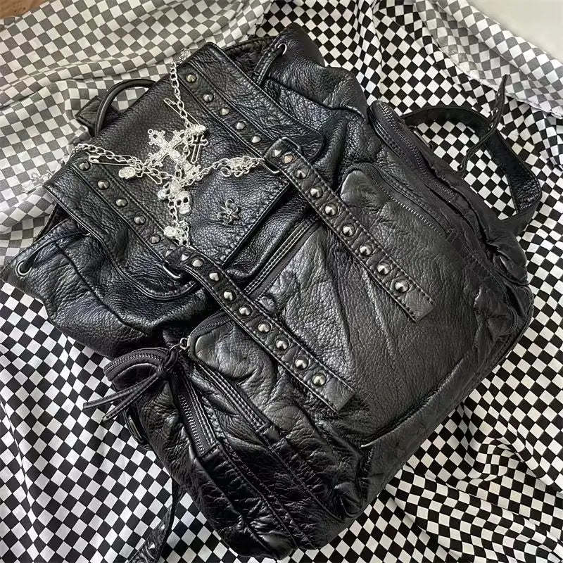 Grunge Rivet Black Y2k Backpack Women Gothic Subculture Punk Cross Black Mochila Ladies Vintage Harajuku Backpacks Aesthetic