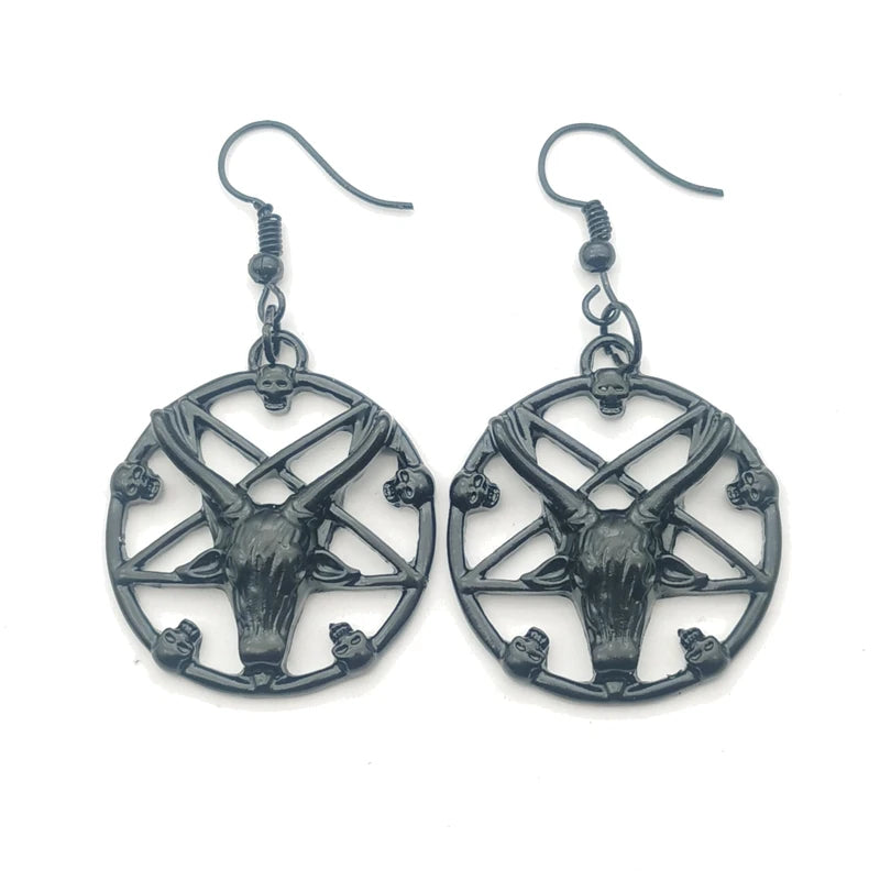 Vintage Goth Gothic punk ancient silver colour pentagram antelope skull coffin cross earrings Aesthetic Grunge y2k Jewelry