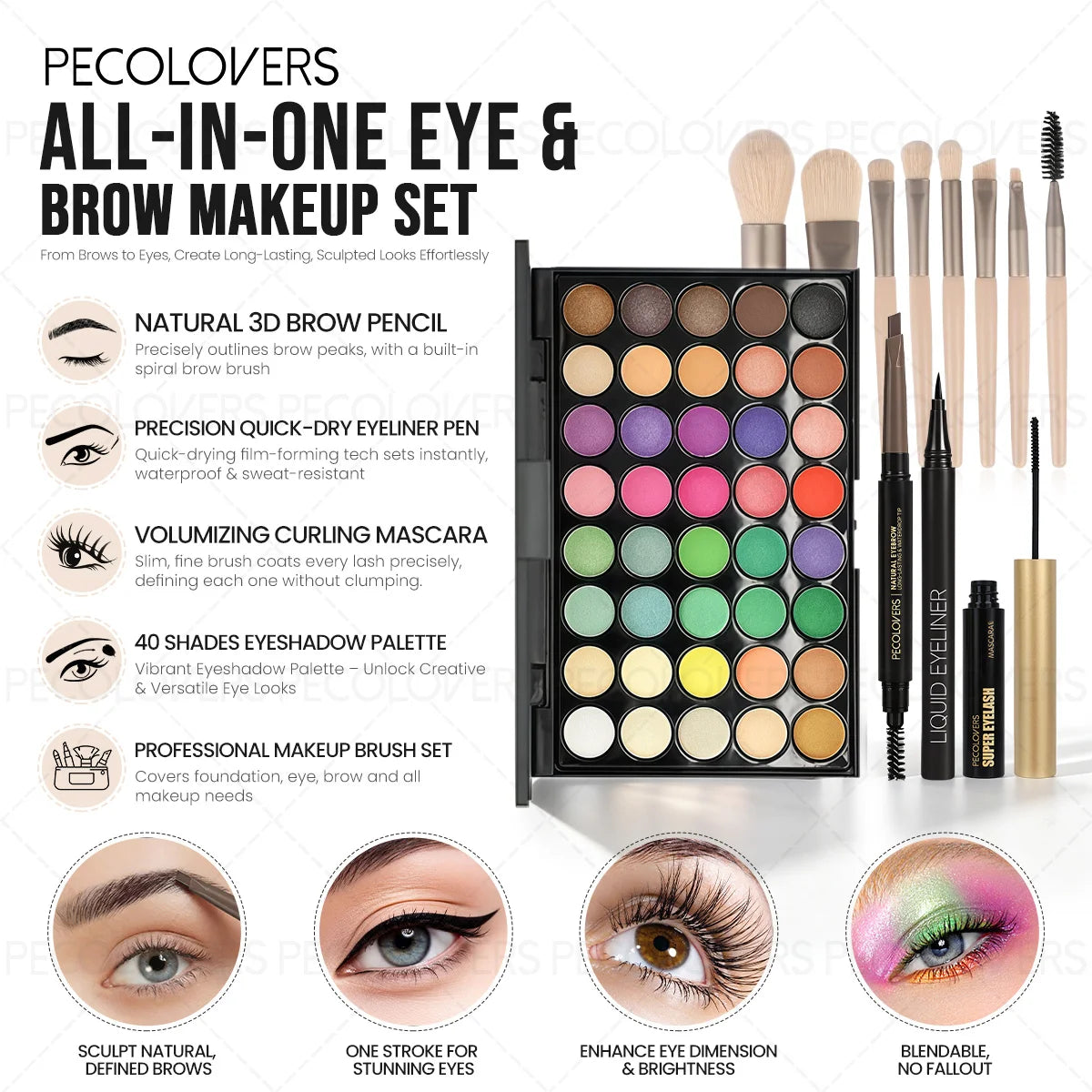 12PCS All-in-One Eye & Brow Makeup Set, 40 Shades Vibrant Color Eyeshadow Palette, Natural 3D Eyebrow Pencil, Quick-Dry Liquid Eyeliner, Volumizing Curling Mascara with Makeup Brushes, Waterproof Sweat-proof, Blendable Matte Shimmer Eyeshadow Kit