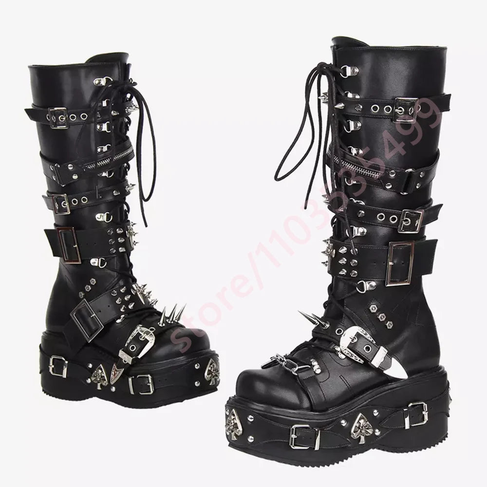 Black Mid Calf Platform Boots Women Multi Metal Buckle Spike Rivet Gothic Punk Lace Up Zipper Wedge High Heel Streetwear Booties