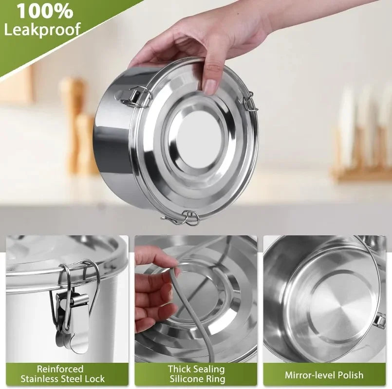 Stainless Steel Round Lunch Box with Lid Portable Leak-Proof Bento Boxes Food Storage Container Camping Picnic Bowl Containers