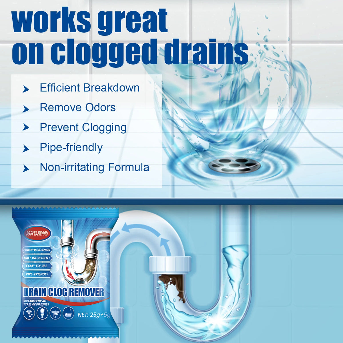 6 Pack 184g Fast Acting Drain Cleaner Powder Kitchen Sink and Toilet Pipe Unclogger Hair and Grease Remover Odor Eliminator