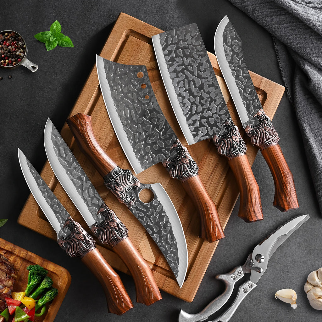 Professional forged stainless steel kitchen knife set 7-piece/3-piece - includes boning knife, slicing knife, carving knife, fish knife and butcher knife well as scissors, ultra-sharp durable knives.