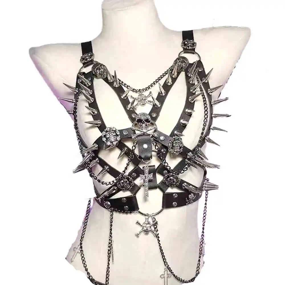 Women's Black Skull Grunge Goth Halter Top Punk Rock Spikes Cross Chain Studded Y2K Emo Harajuk Shirt for Gothic ALT Clothing
