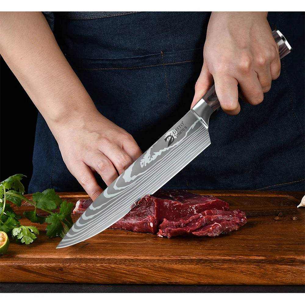 MDHAND 8PCS Damascus Stainless Steel Kitchen Knife Set Super Sharp Japanese Style Chef Santoku Cleaver Slicing Boning Utility Paring Knives Complete Cooking Cutlery Kit with Portable Protective Nylon Carry Bag for Home Kitchen Chef Use