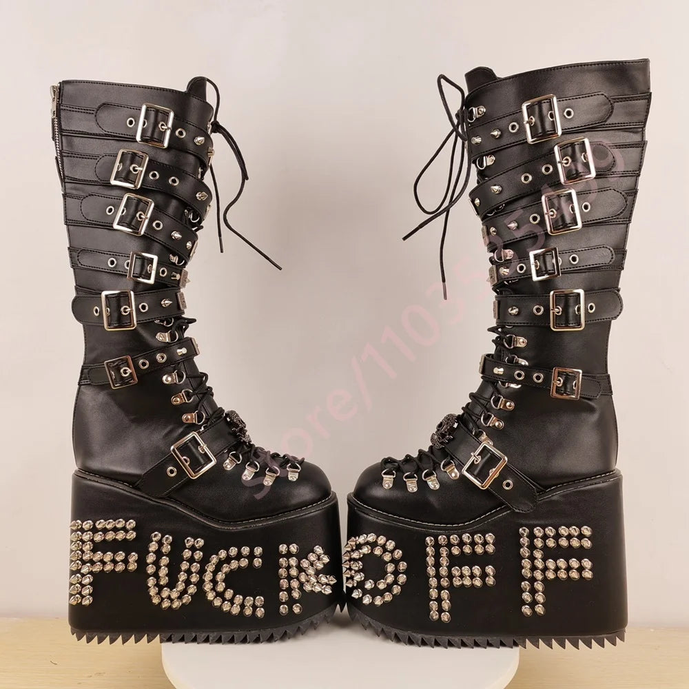 Punk Platform Studded Stage Boots 2025 New Street Rock Lace-Up Wedge Motorcycle Boots Fashion Cool Girl Party Casual Long Boots