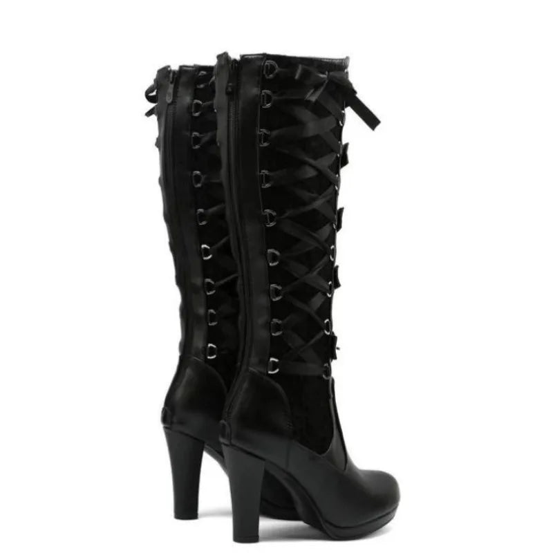 Punk Gothic Style Women's Knee High Boots Ladies Motorcycle Boots Comfort Long Tube Knight Boots Platform High Heels Women Shoes