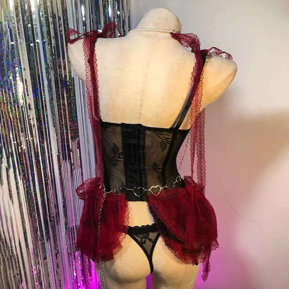Red Gothic Dress for Women Y2K Rave Cyber Punk Rock Star Goth Cross Lace Scene Emo ALT Grunge E-Girls Lolita Ball Gown Clothing