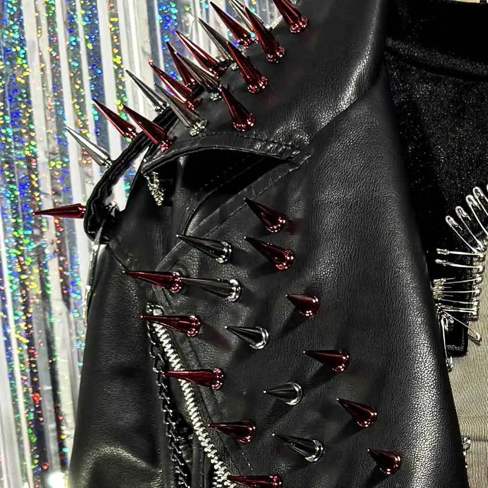 Women's Y2K Gothic Black PU Leather Jacket Spiked Boho Emo Punk Rock Grunge Rave Festival Coat with Spikes for Teens