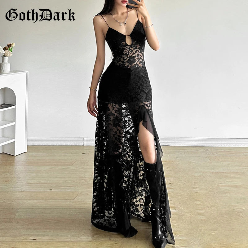 Goth Dark Spaghetti Strap Mesh See Through Long Dress Women Fairycore Beach Outfits Y2K Gothic Aesthetic Hem Split Party Dresses