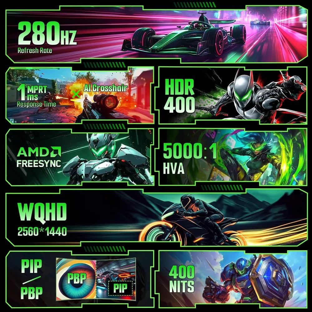 USA Stock 27 Inch 280Hz Curved Gaming Monitor WQHD 280Hz HD 400Hz Dual Mode 1500R HDR400 135% sRGB 5000:1 PIP PBP OD 1ms AI