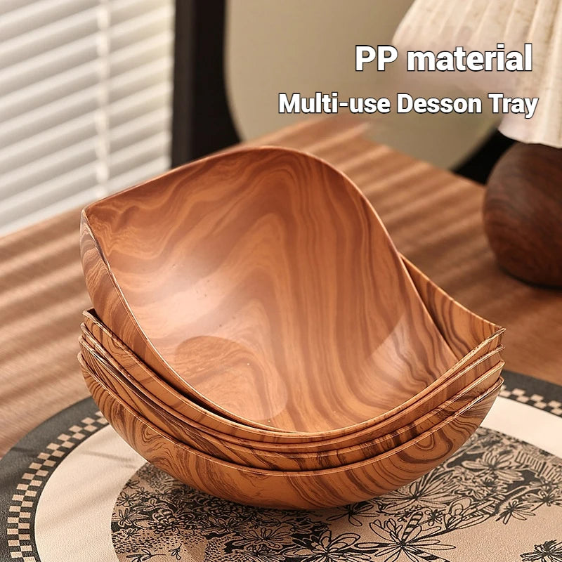 Japanese Plastic Dish Imitation Wood Household Food Grade Fruit Bowl Plates Multifunctional Storage Tray Kitchen Accessories