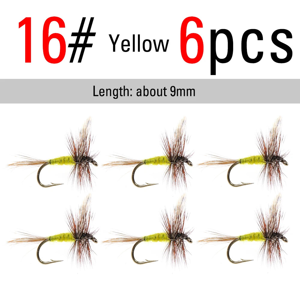 ICERIO  6pcs #10 - #18 Yellow / Grey Adams Dry Flies Caddis Midge Adult Mayfly Trout Fishing Lure Bait